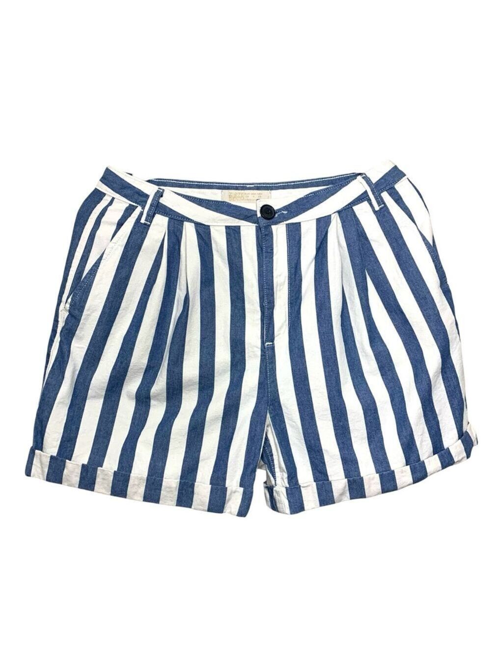 Zara Denim Striped Pleated High Rise Shorts Sz 4 Relaxed Blue White Coastal